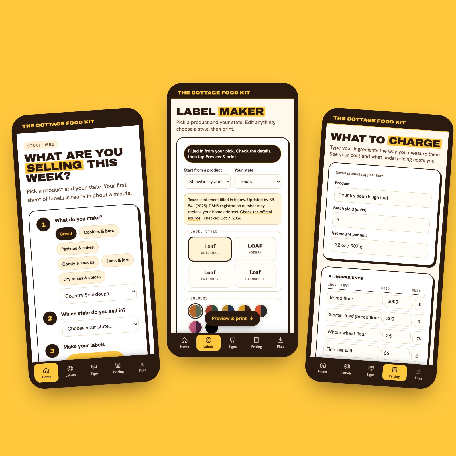 The Cottage Food Kit app on three phones: guided start, Label Maker filled in for Texas, Pricing Calculator