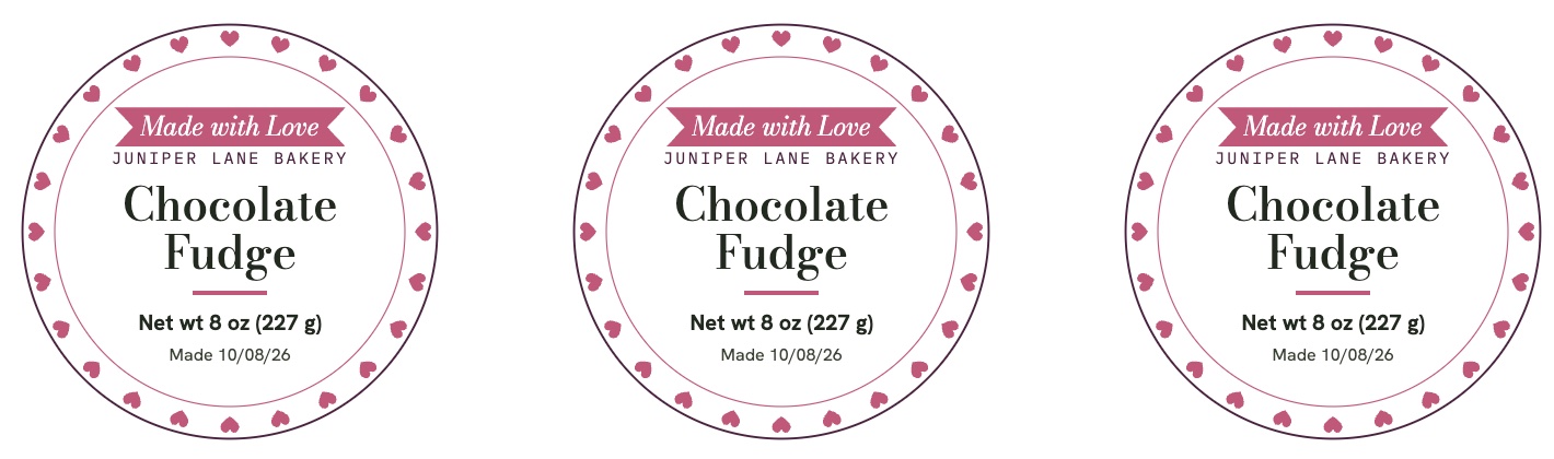 Valentine's round labels with a ring of hearts and a ribbon banner for chocolate fudge