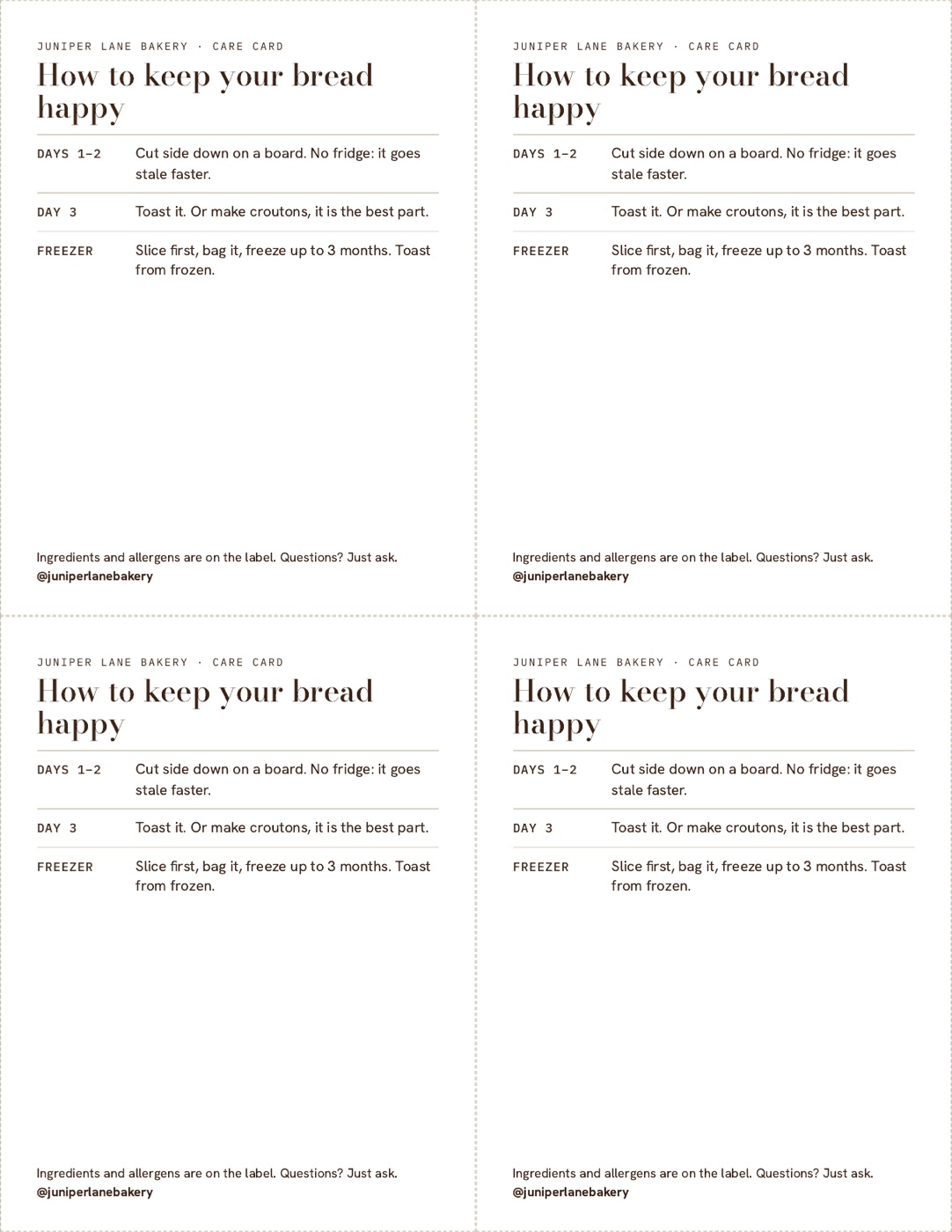 Care cards, four per sheet