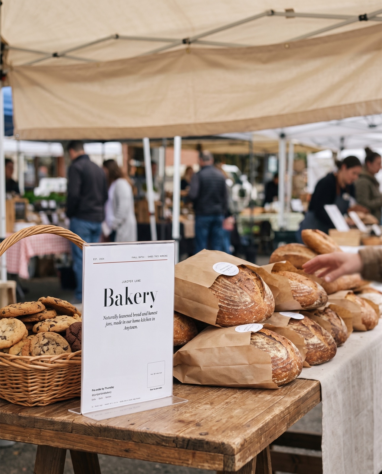 Home bakery stall at a farmers market with labeled loaves and a printed stall sign