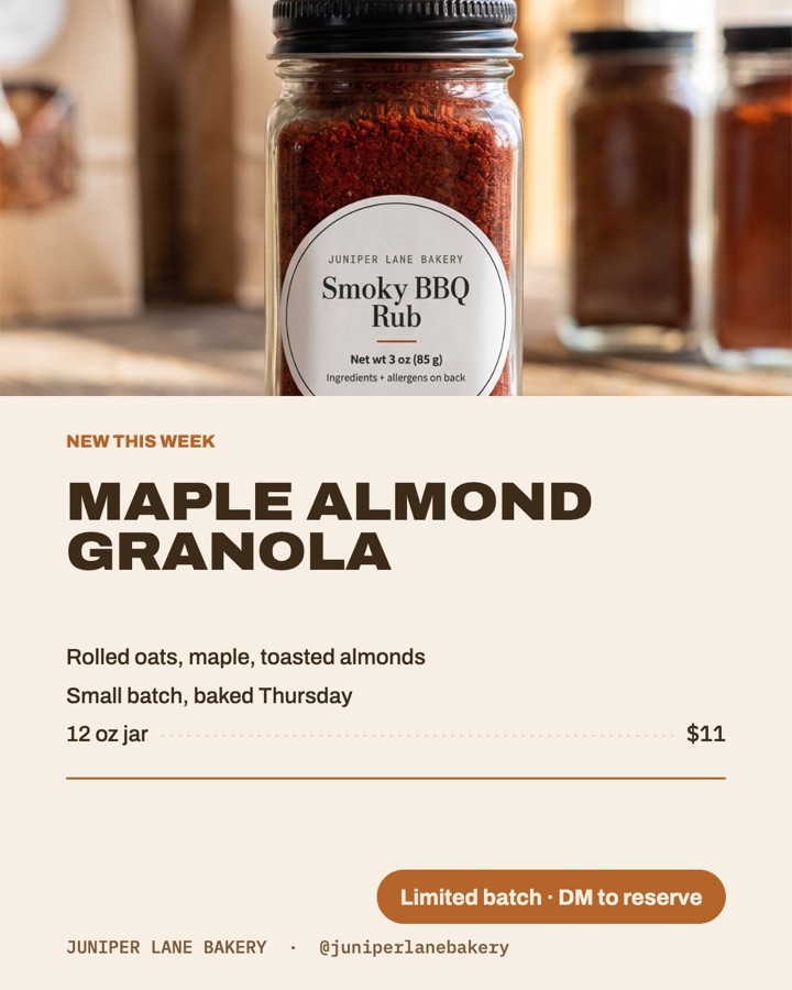 New product post with a photo of a spice jar