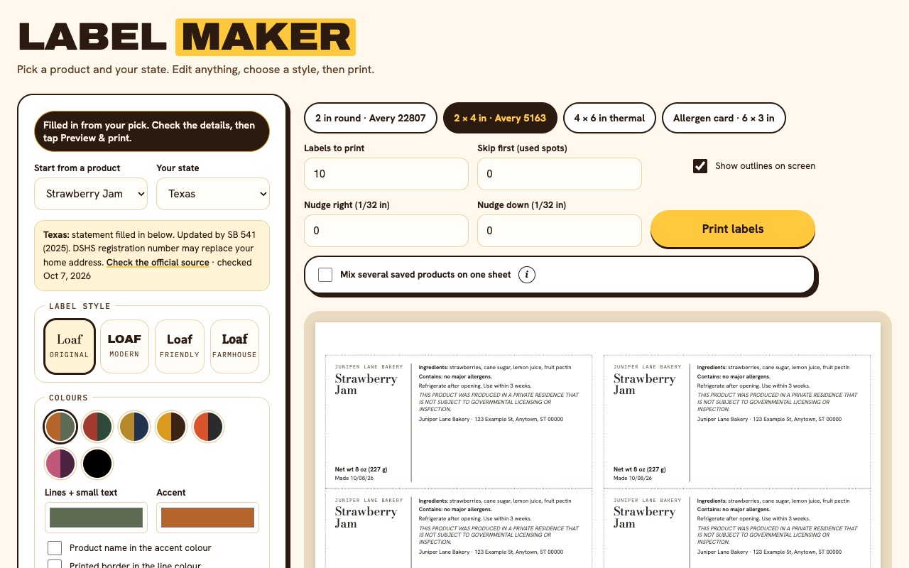 Label Maker with custom colours and a printed border on round sourdough labels
