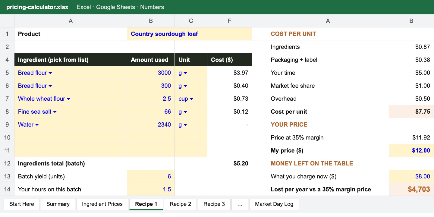 Pricing Spreadsheet recipe tab with ingredient dropdowns and cost per unit