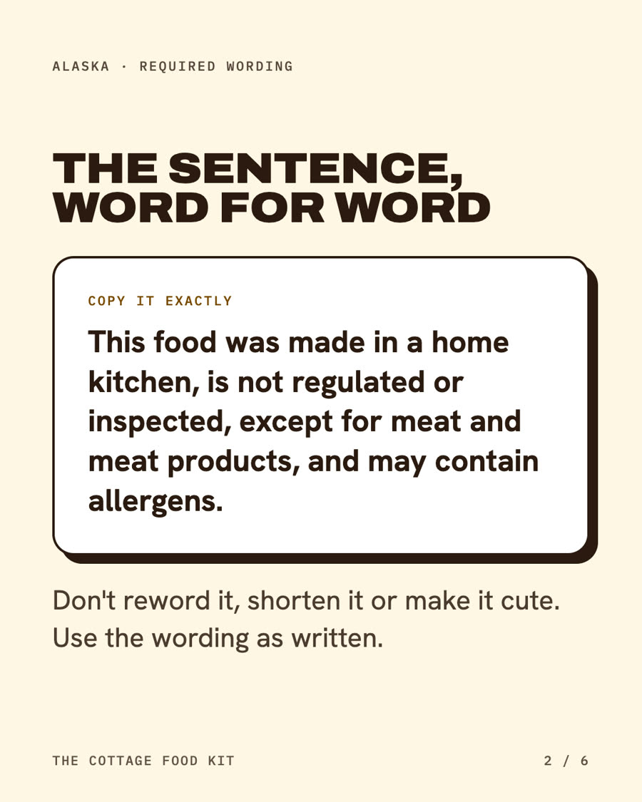 Alaska cottage food label statement, word for word