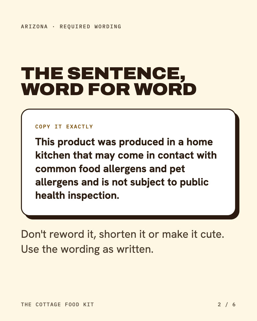 Arizona cottage food label statement, word for word
