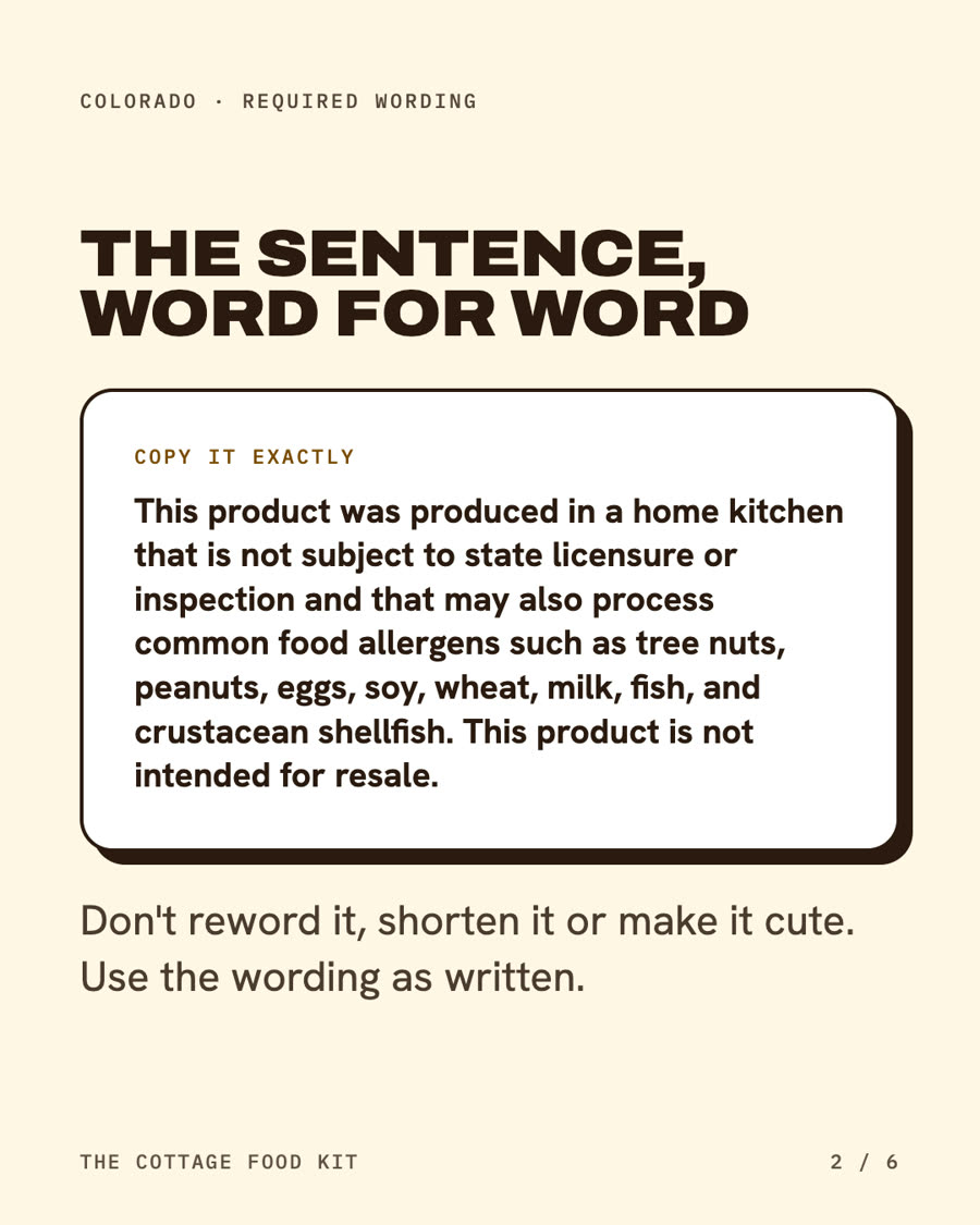 Colorado cottage food label statement, word for word
