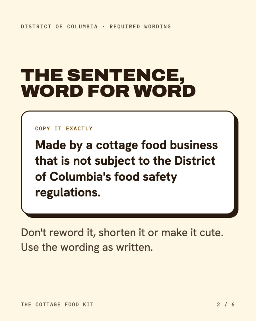 District of Columbia cottage food label statement, word for word