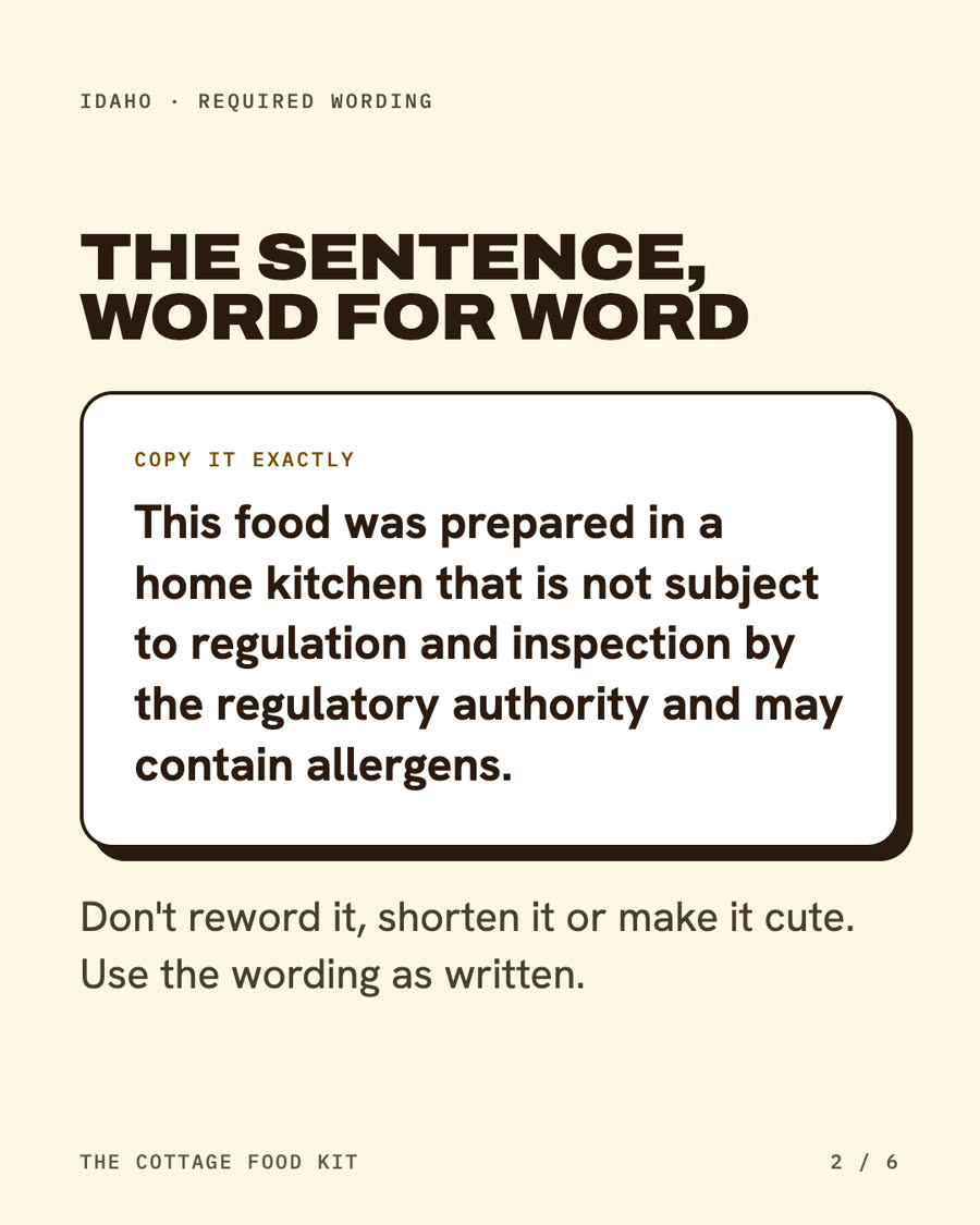 Idaho cottage food label statement, word for word