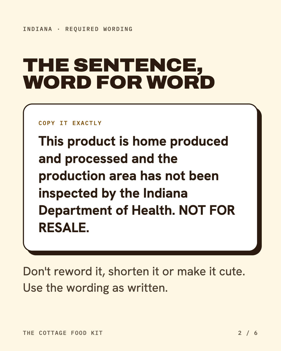 Indiana cottage food label statement, word for word