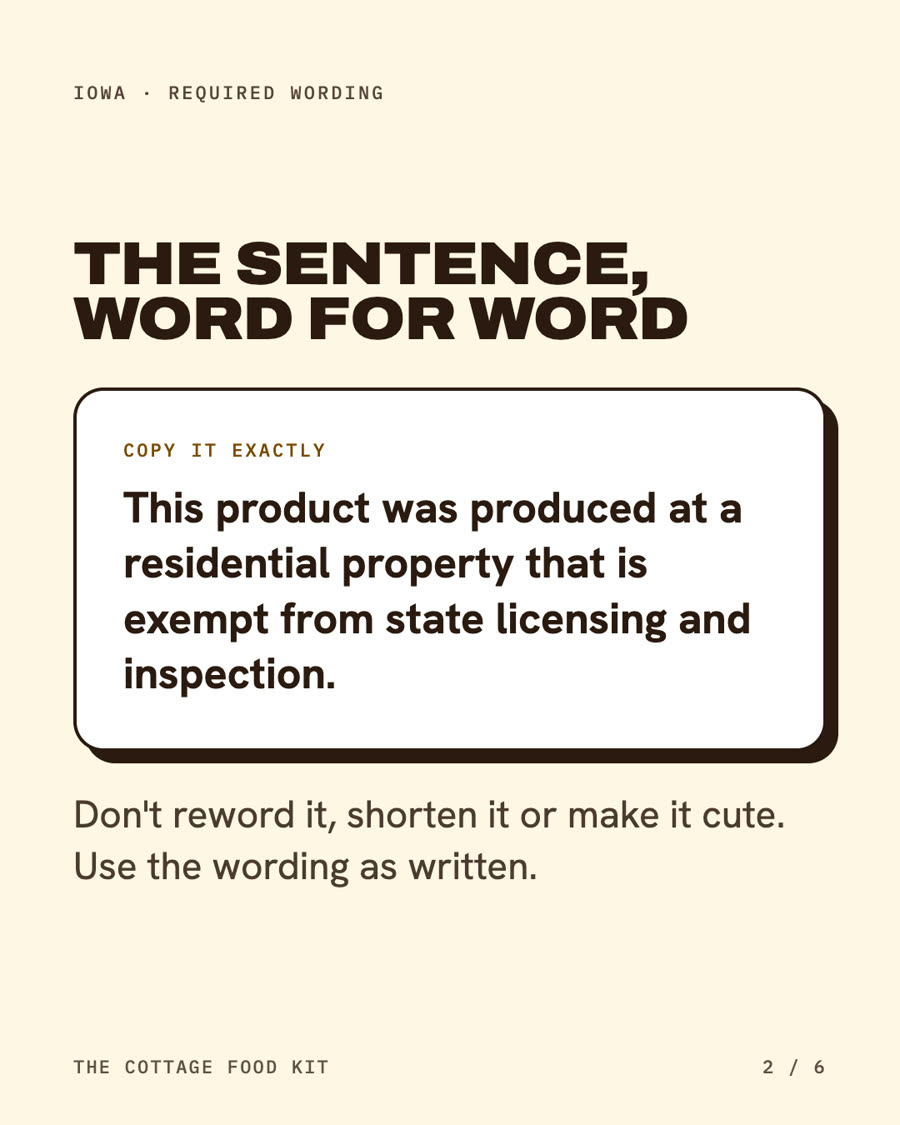 Iowa cottage food label statement, word for word
