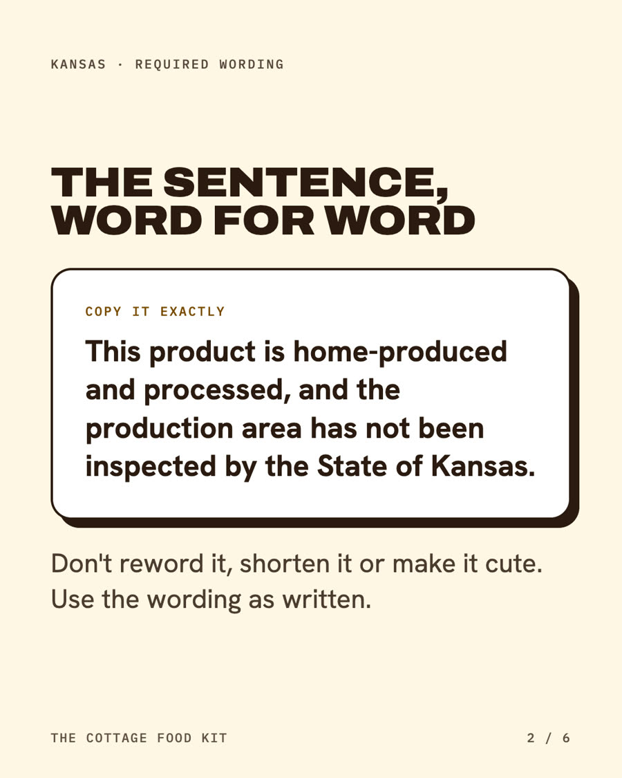 Kansas cottage food label statement, word for word