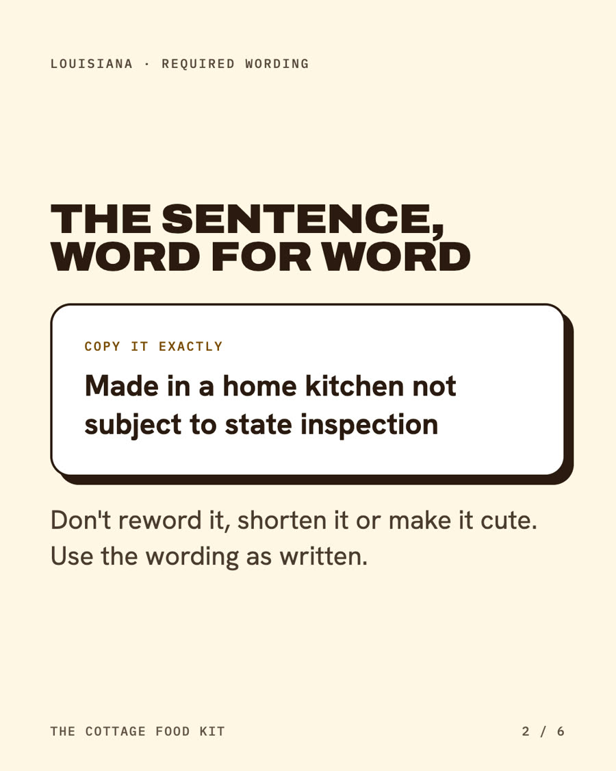 Louisiana cottage food label statement, word for word