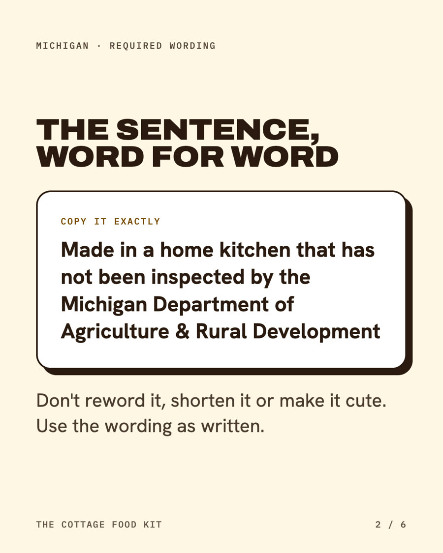 Michigan cottage food label statement, word for word