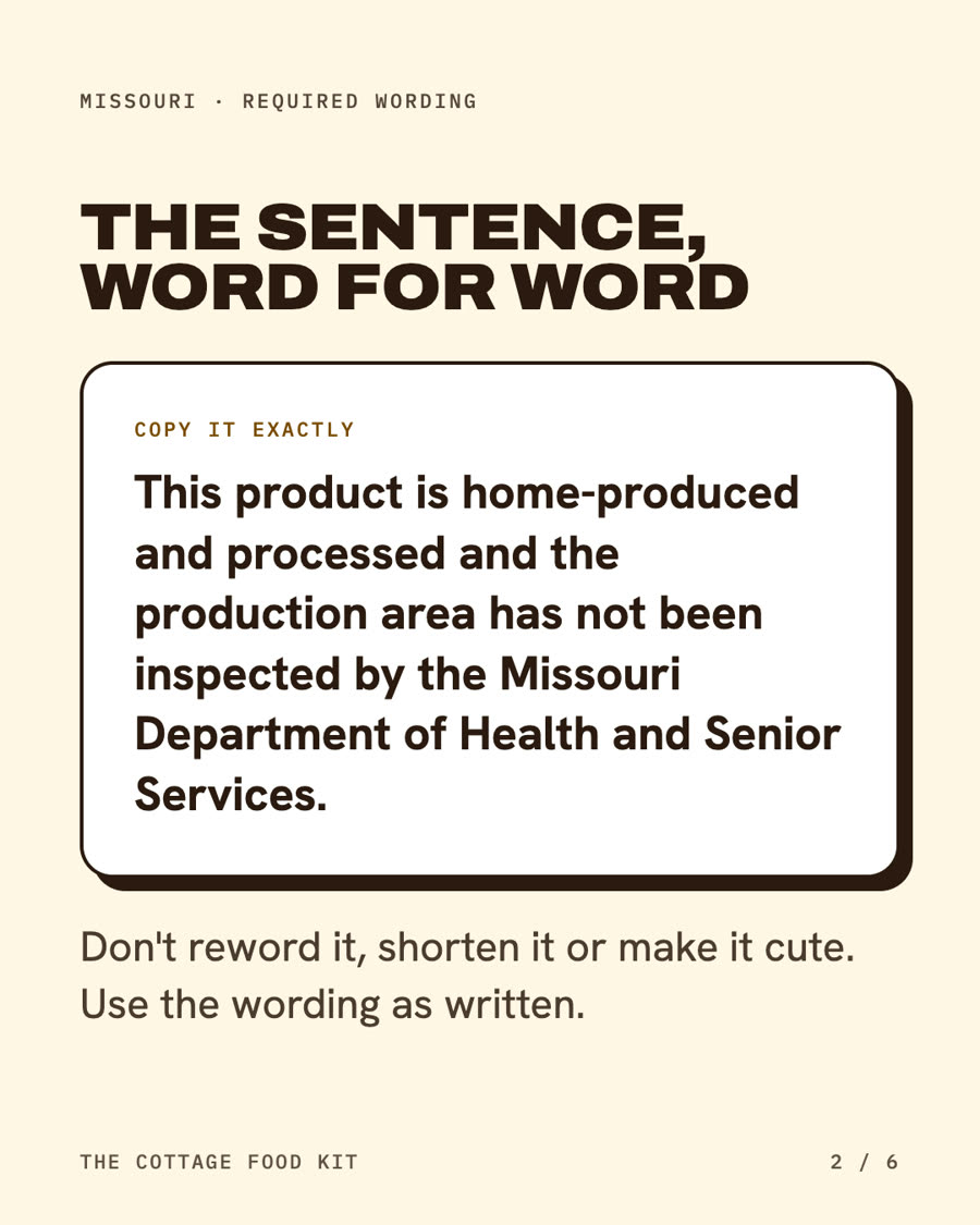Missouri cottage food label statement, word for word