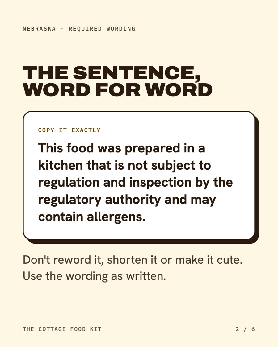 Nebraska cottage food label statement, word for word