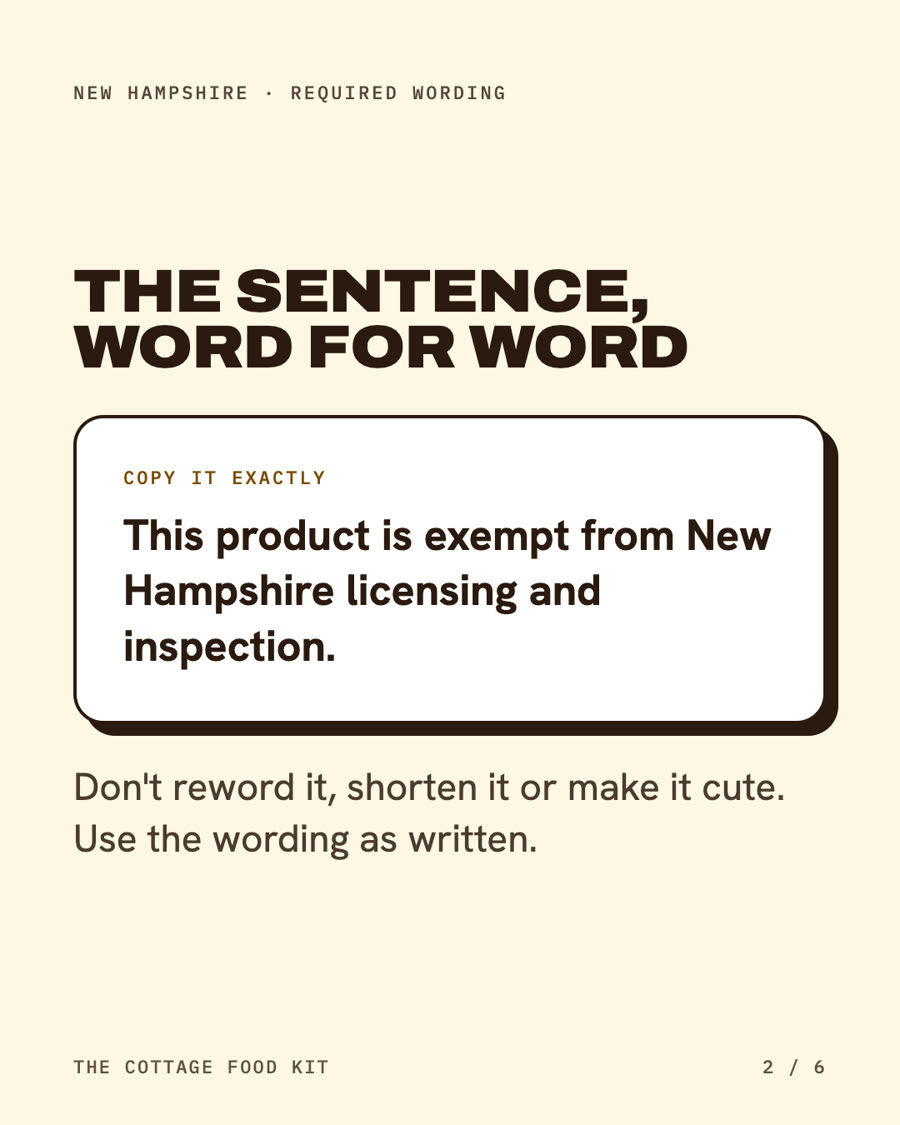 New Hampshire cottage food label statement, word for word