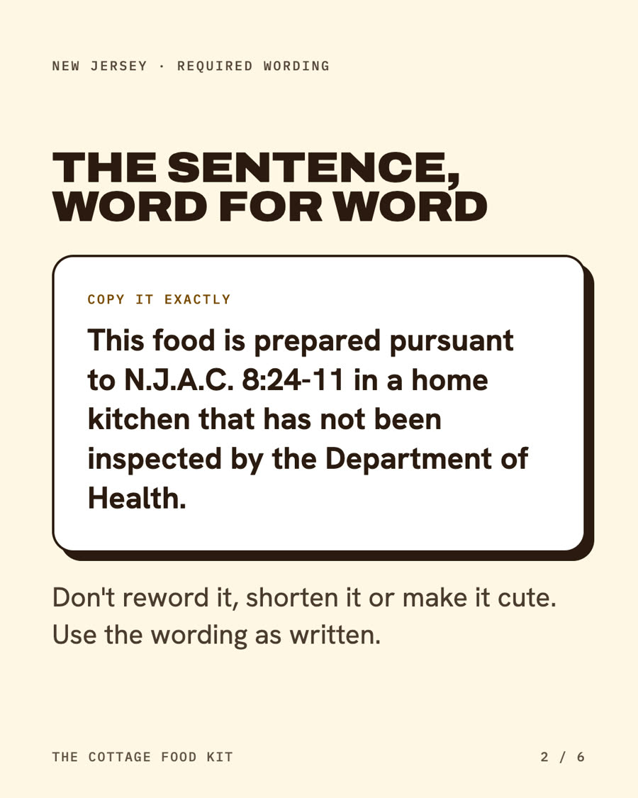 New Jersey cottage food label statement, word for word