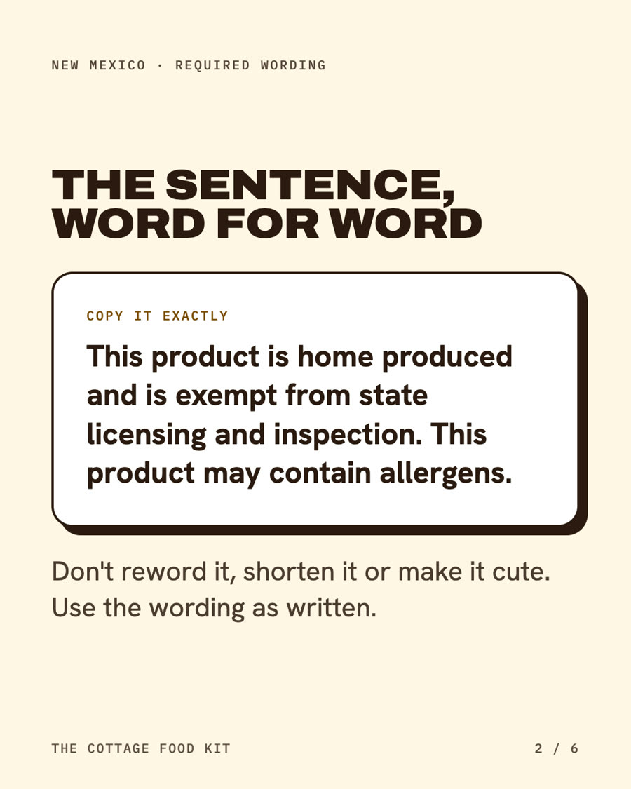New Mexico cottage food label statement, word for word
