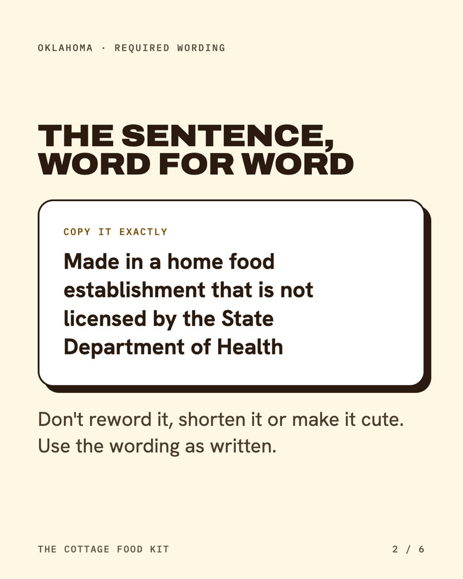 Oklahoma cottage food label statement, word for word