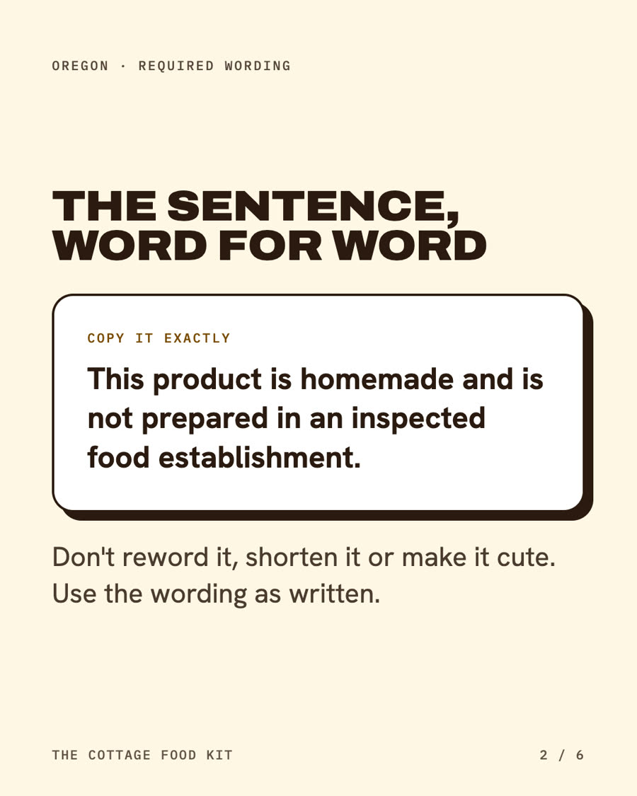 Oregon cottage food label statement, word for word