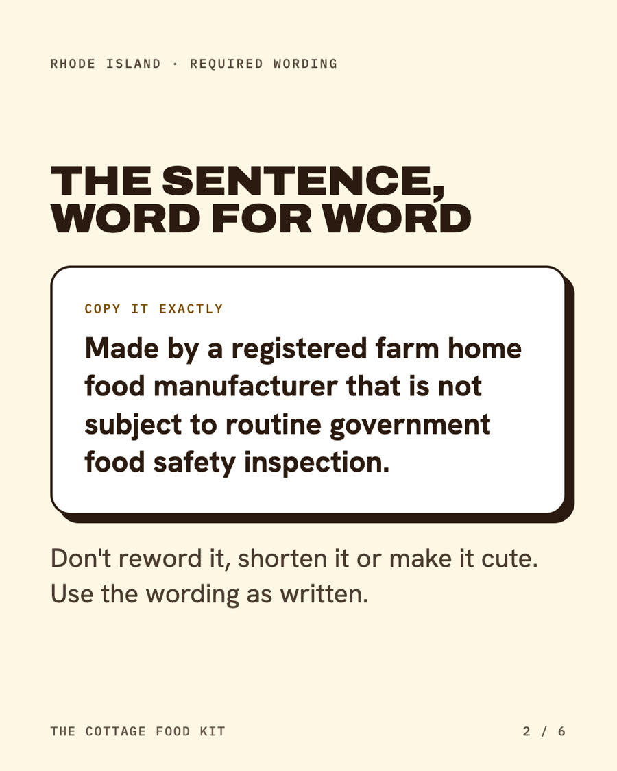 Rhode Island cottage food label statement, word for word