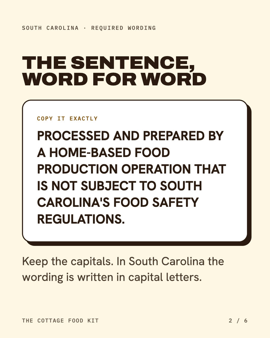 South Carolina cottage food label statement, word for word