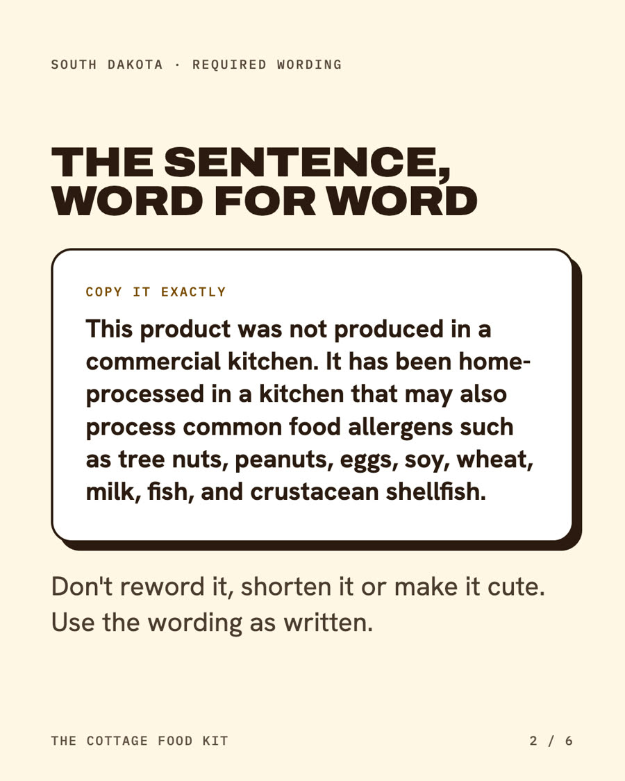 South Dakota cottage food label statement, word for word