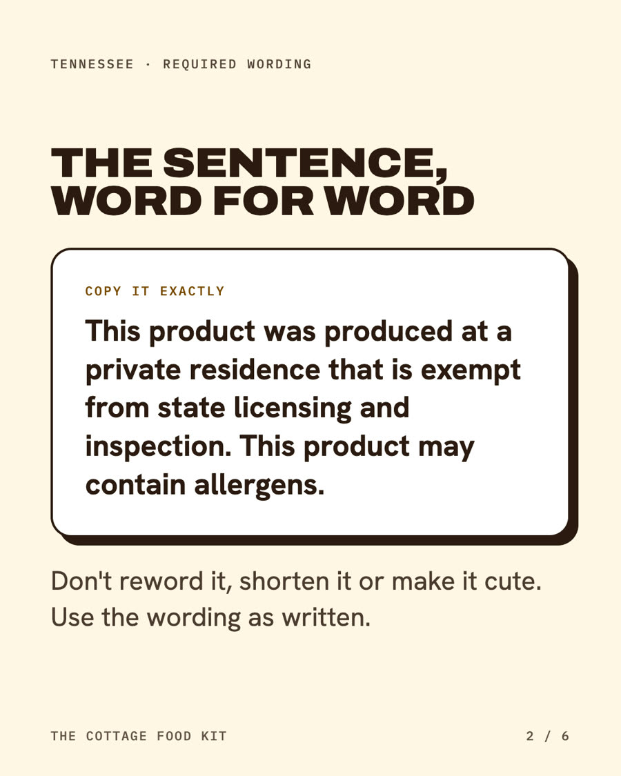 Tennessee cottage food label statement, word for word
