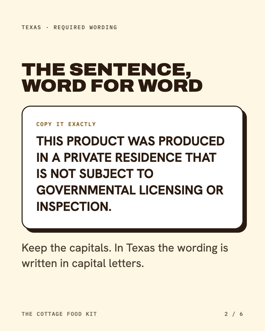 Texas cottage food label statement, word for word