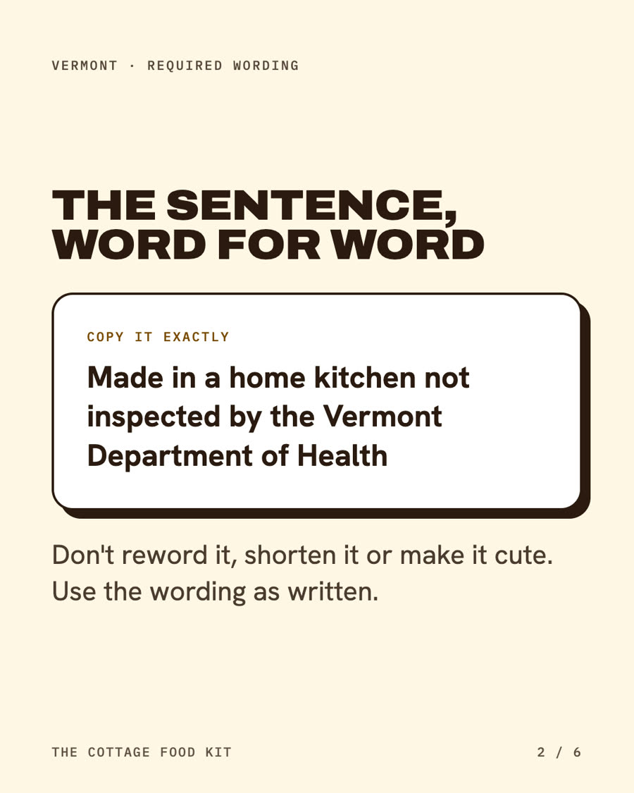 Vermont cottage food label statement, word for word